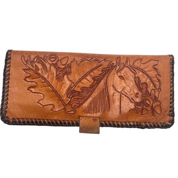 Vintage Hand Tooled Leather Wallet Horse Acorns Embossed Bifold Whip Stitched 8" - Picture 2 of 15